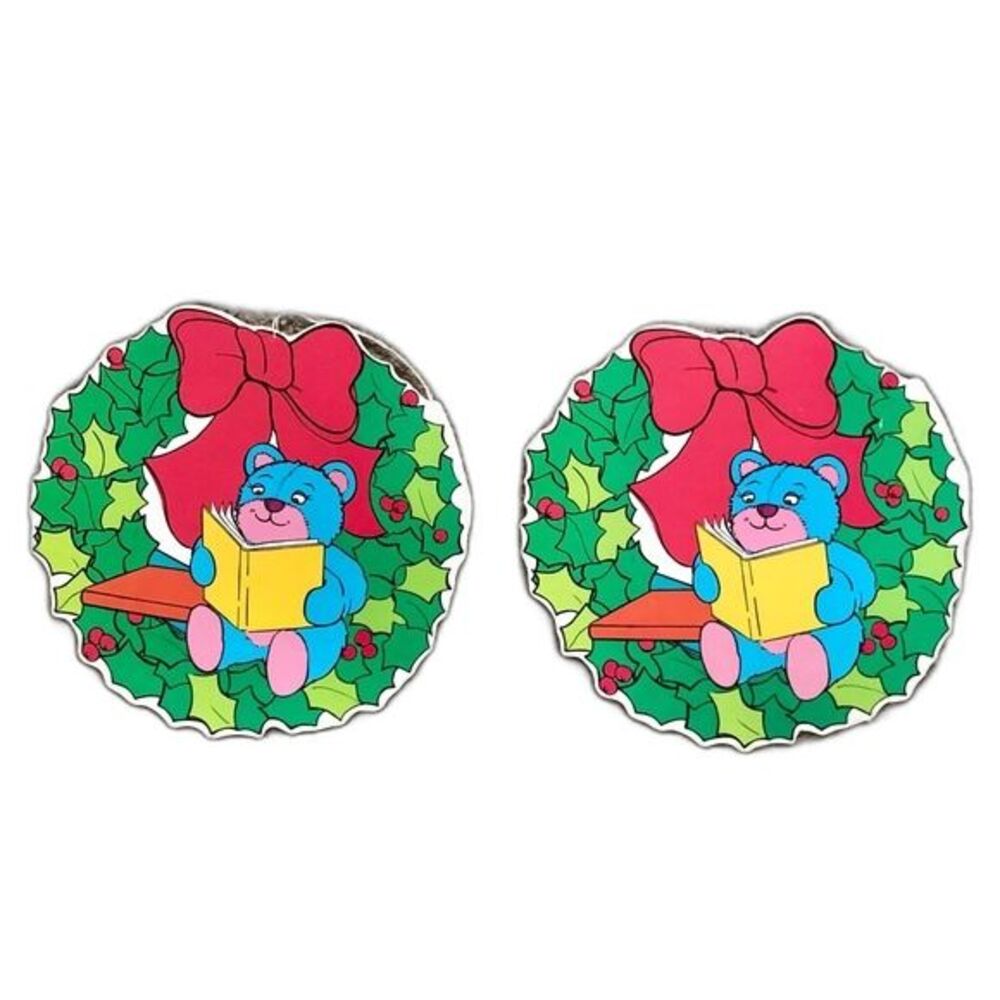 Vintage 80s 1986 Cardboard Reading Bear Christmas 12" Wreaths Classroom Decor